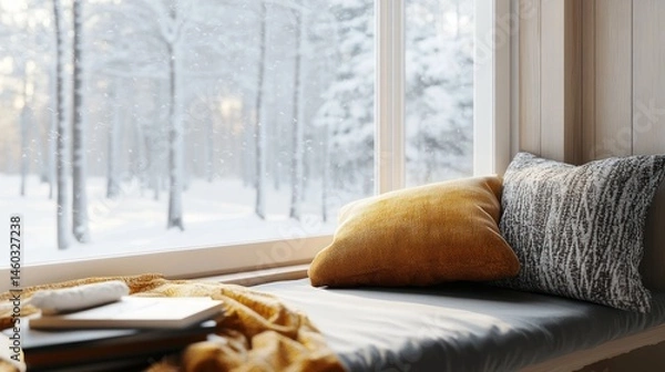 Obraz Cozy window seat with pillows, book, and blanket in a snowy winter wonderland scene