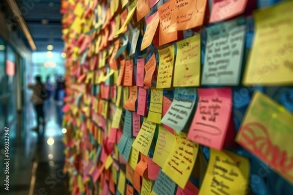 Fototapeta Post it notes on the wall with it team meeting in background