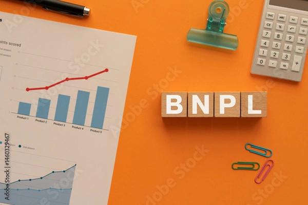 Obraz There is wood cube with the word BNPL. It is an abbreviation for Buy Now, Pay Later as eye-catching image.