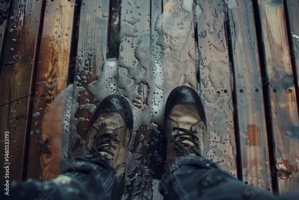 Obraz view from floor of man cleaning wooden terrace floor with high pressure washer