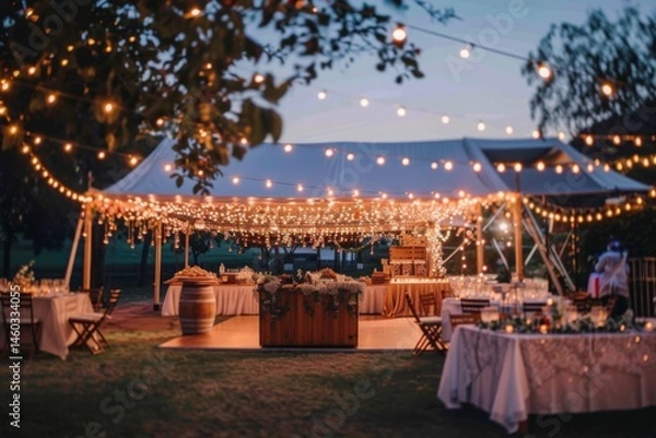 Obraz Wide-angle shot of a wedding reception tent with beautifully decorated tables, a dance floor, and a catered buffet area under twinkling lights