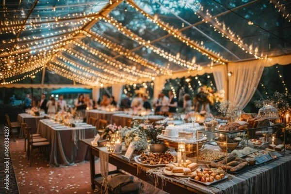 Obraz Wide-angle shot of a wedding reception tent with beautifully decorated tables, a dance floor, and a catered buffet area under twinkling lights