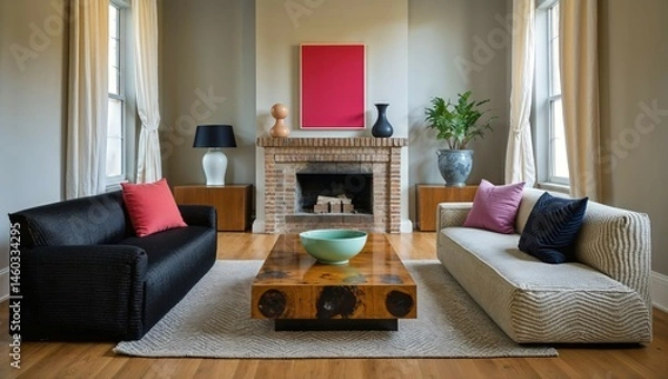 Fototapeta Generative AI, Elegant Living Room with Fireplace and Bold Accents