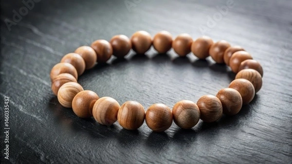 Fototapeta Smooth Wooden Bead Bracelet on Dark Surface A Close-Up View