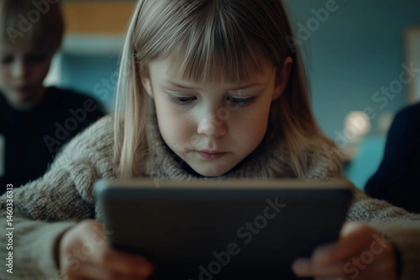 Fototapeta Little girl from Finland at school using a laptop tablet