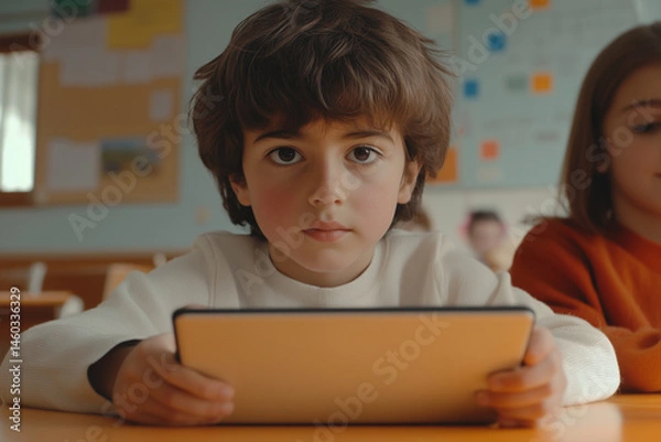 Fototapeta Little boy from Spain at school using a laptop tablet