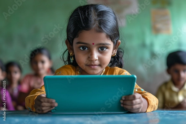 Fototapeta Little girl from India at school using a laptop tablet
