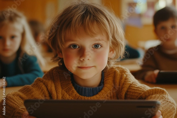 Fototapeta Little boy from France at school using a laptop tablet