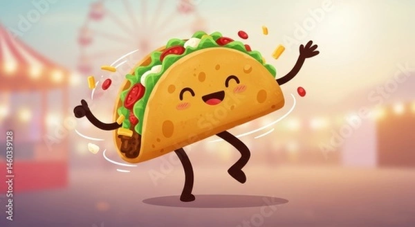 Fototapeta Happy Taco at the Carnival! A cheerful illustration of a taco character joyfully dancing against a blurred carnival background, filled with vibrant colors and playful energy.