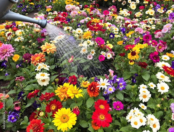 Obraz 満開のカラフルな花壇にグレーのジョウロで水やりをしている所