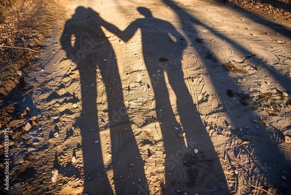 Obraz Shadows of two figures holding hands on a sandy path, bathed in warm sunlight, creating a sense of connection and shared journey.