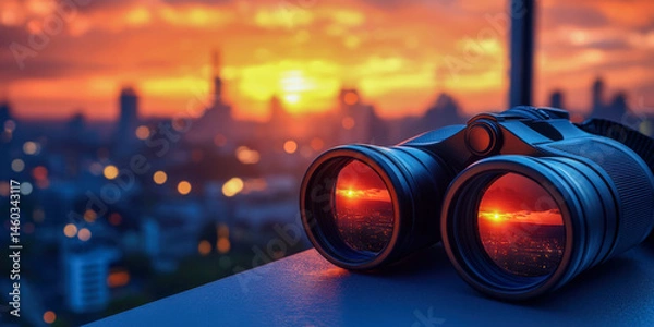 Fototapeta Binoculars on a windowsill offer a perfect view of a sunset over the city skyline during an evening hobby session