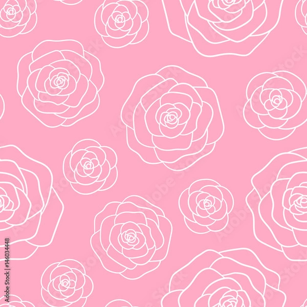 Fototapeta Vector roses white outline seamless pattern on the pink background