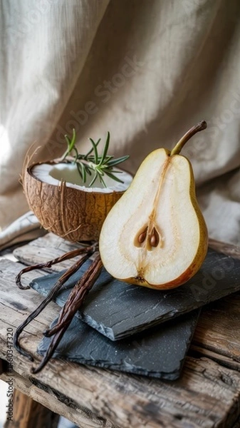 Obraz Rustic still life with pear, coconut, vanilla pods on wooden plank