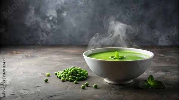Obraz Aromatic bowl of vibrant green pea soup, steaming hot, garnished with fresh herbs, accompanied by a small pile of peas on a dark textured surface