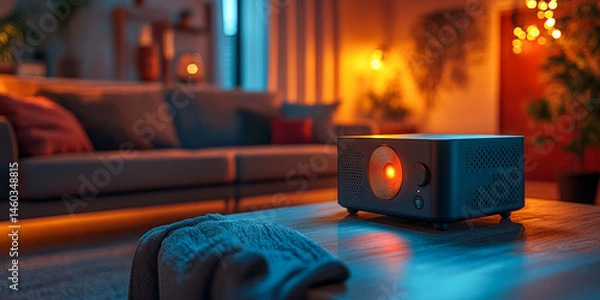 Fototapeta Portable projector enhances cozy evening atmosphere in modern living room with ambient lighting and comfortable seating areas