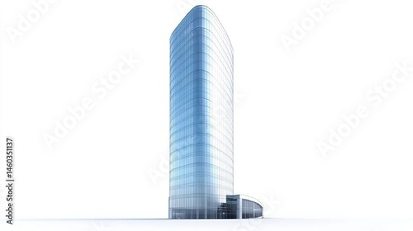 Fototapeta High-rise office building featuring a streamlined design and reflective glass panels, standing prominently on a white background.  