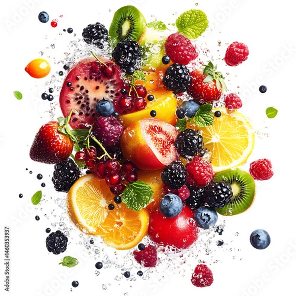 Obraz Enchanted Fruit Salad Magical Blend of Exotic Fruits Isolated on Transparent Background