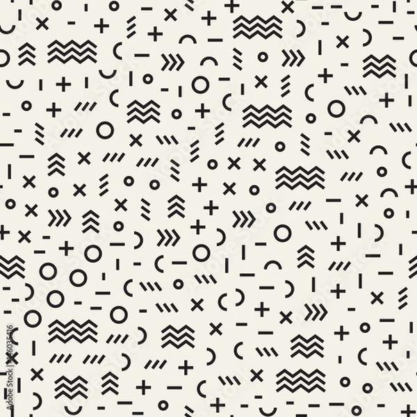 Fototapeta Retro geometric line shapes seamless patterns. Abstract jumble textures. Black and white scattered shapes