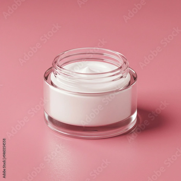 Fototapeta Open clear glass cosmetic jar mockup on plain pink background, direct front view. Simple minimalist beauty product container display. Blank branding template.