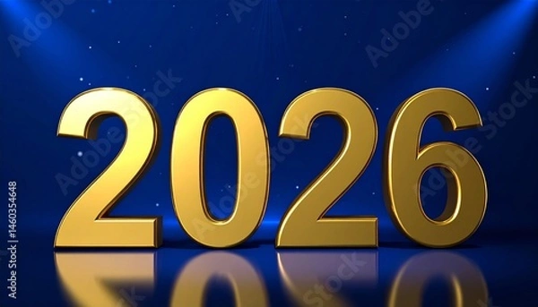 Fototapeta Golden 2026 numbers on blue background with reflective surface and sparkling effects