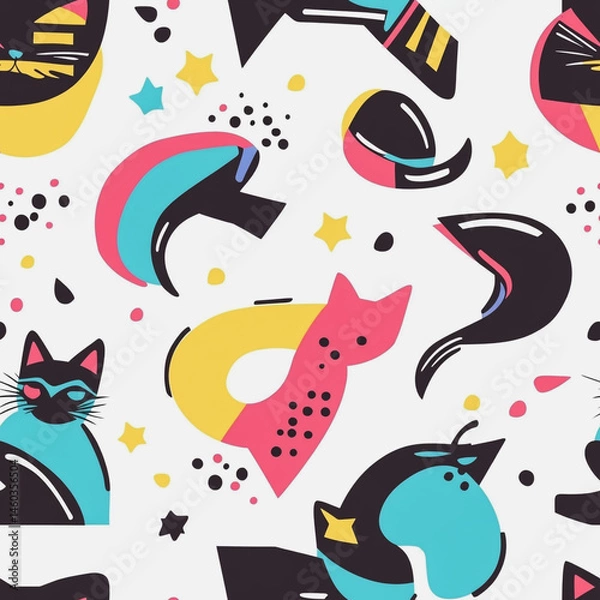Fototapeta Memphis cat colorful style seamless pattern. Creative minimalist style art background for children or trendy design with basic shapes. Simple childish scribble backdrop white background