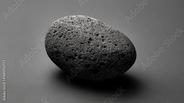 Fototapeta Dark gray porous stone, oval shape, rests on a dark gray surface, showcasing natural texture, representing simplicity, balance, and serenity