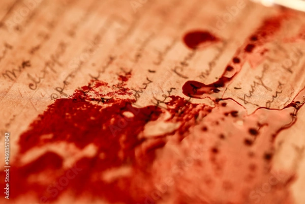 Fototapeta Vintage letters with lines in blood.Letters with red spots and drops.Blood on paper with written text.Red blots and streaks on the letters.