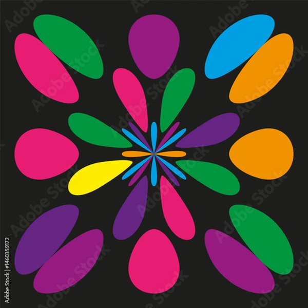 Fototapeta Colorful mandala artwork. Bright petal ornament. Vector floral explosion. Black background design.