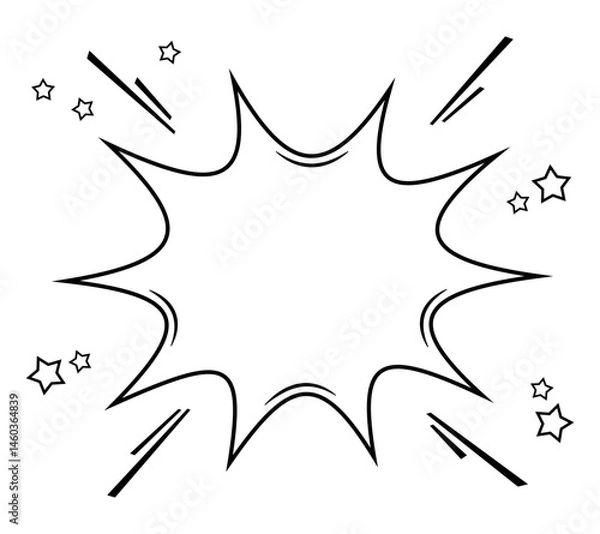 Fototapeta Blank comic speech bubble or burst balloon template. Black and white pop art burst for text placement. Vector illustration.