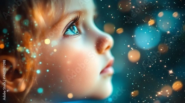Obraz Childs face wondering at sparkling night sky magical dreams kid girl eyes blue cute hope soft dark
