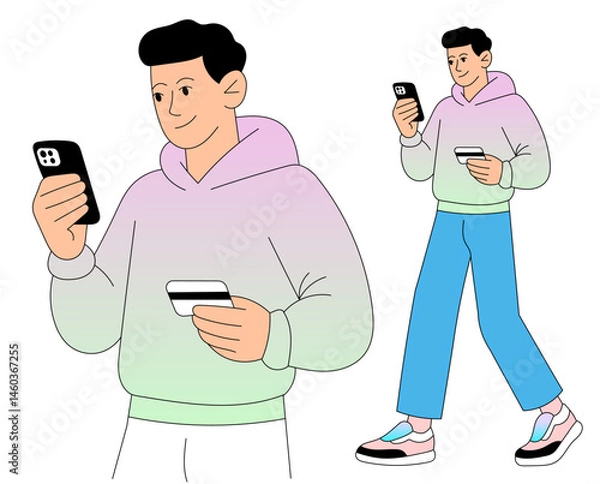 Fototapeta Man using smartphone and credit card for online shopping payment