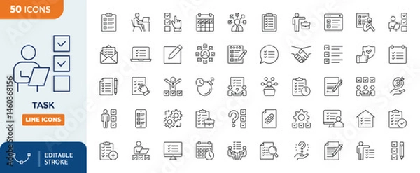 Fototapeta Task line editable icon set. Containing checklist, poll, multitasking, decision, voting, checkbox, checkmark and more. Editable stroke. Vector illustration
