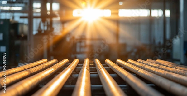 Obraz Metal pipes in industrial setting reflecting sunlight production and manufacturing