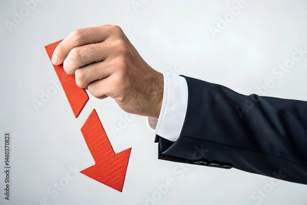 Fototapeta Declining Trend: A hand in a business suit carefully manipulates a red arrow pointing downwards, symbolizing a downturn or decline.