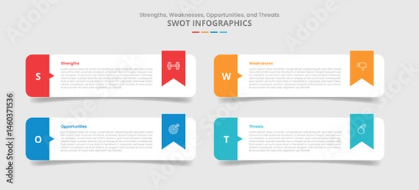 Fototapeta SWOT analysis for infographic with drop shadow style with round rectangle with ribbon badge accessories with 4 point list information
