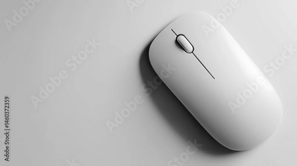 Obraz White wireless computer mouse on gray background, showcasing minimalist design and ample free space for text or logo placement