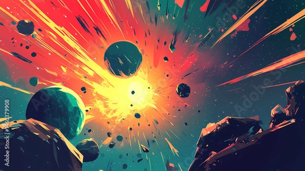 Fototapeta In the depths of space galactic explosion and the disruption of neon energy fields. [Solar Echoes] | Solar Sonics | humming flare. Illustration