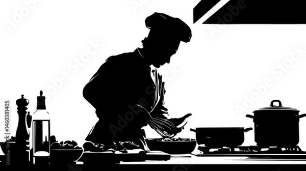 Obraz Chef cooking in kitchen silhouette vector isolated on white background  -  