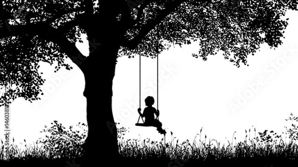 Obraz Child on swing hanging from tree silhouette vector isolated on white background  -  
