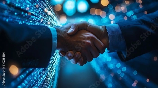 Fototapeta Business Handshake in Digital Data Center, Two businesspeople shaking hands in a data center with digital connections