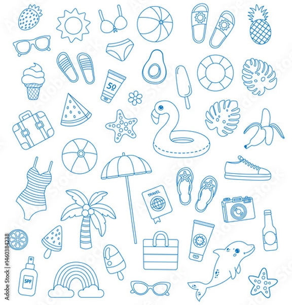 Obraz Set of hand drawn summer beach doodle with sea. Travel icons. Vector illustration.