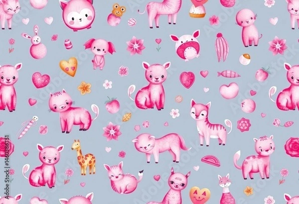 Fototapeta Seamless watercolor pattern featuring adorable pink animals and objects, perfect for children's textiles, pink objects, fabric