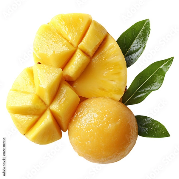 Obraz Mango Fruit with Leaves Isolated on Transparent Background