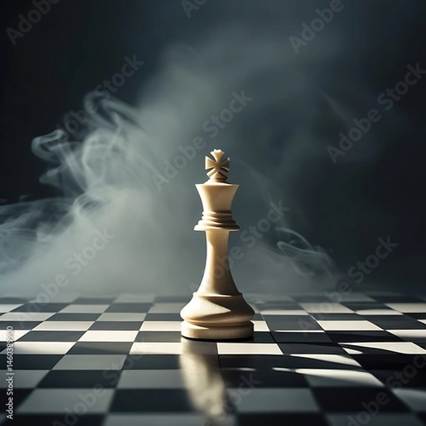 Fototapeta a lone chess piece, a white queen, poised on a checkered floor that stretches into an infinite vanishing point. The queen is intricately carved from ivory, casting long shadows under a single spotligh