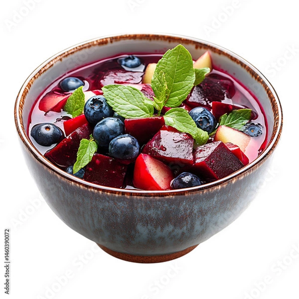 Obraz Beetroot Berry Detox Bowl with Blueberries Apple Mint Isolated on Transparent Background