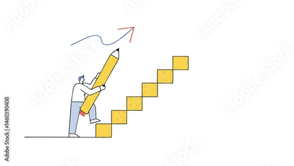 Fototapeta ambition to progress and achieve goal growing business or improvement motivation to develop path or stair to success concept smart businessman using pencil to draw big stair to climb up to success