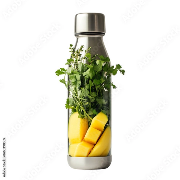 Obraz Mango Cilantro Thyme Glass Bottle Isolated on Transparent Background