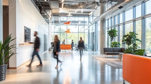 Fototapeta Bright business workplace with people walking in blurred motion, modern office space featuring open layouts and sleek, contemporary design.  