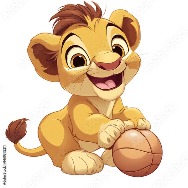 Obraz A Cartoon Lion Cub Playing with a Basketball Isolated on Transparent Background